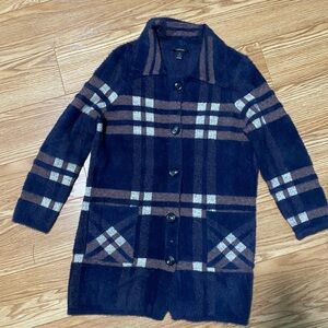 Alison Sheri Navy and Brown Plaid Cardigan.